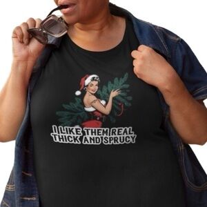 Black Short Sleeve ‘I Like Them Real Think & Sprucey’ Christmas Tree Pin Up